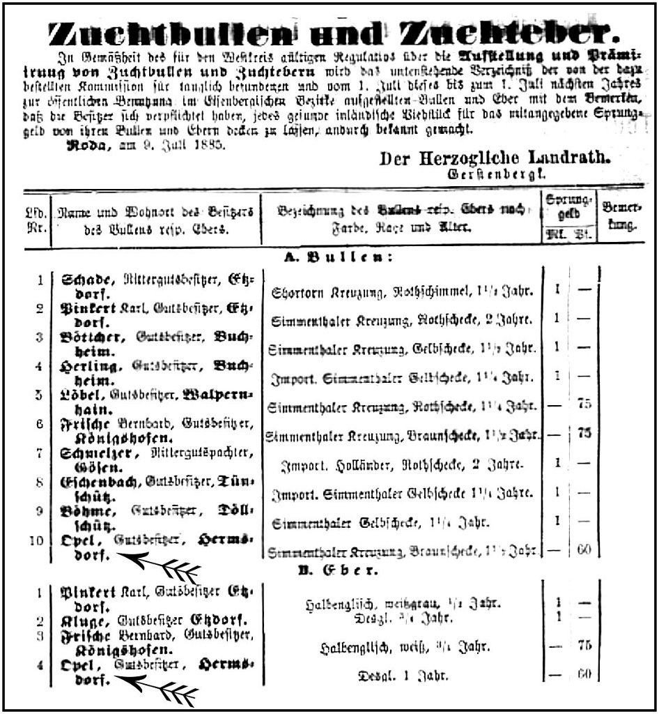 1885-07-13 Hdf Bullen und Eber Zucht